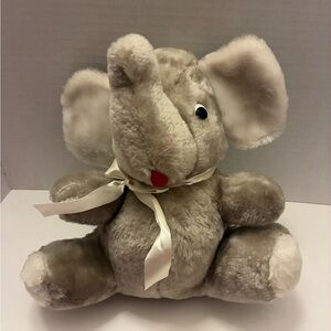 10” Grey Elephant Vintage Plush Stuffed Animal with Grey Bow